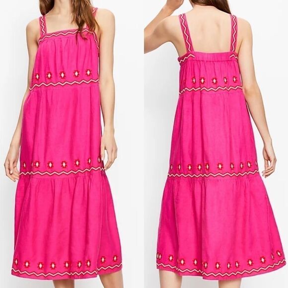Loft Pink Embroidered Tiered Square Neck Midi Dress SIZE LARGE - Picture 1 of 8